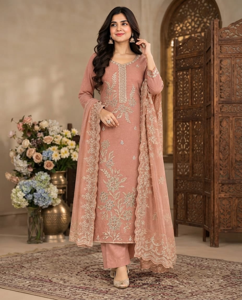 ExAlina Fashion Peach Embroidered 3-Piece Suit Set with Dupattaample product