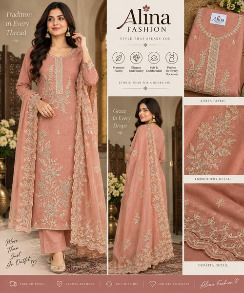 ExAlina Fashion Peach Embroidered 3-Piece Suit Set with Dupattaample product