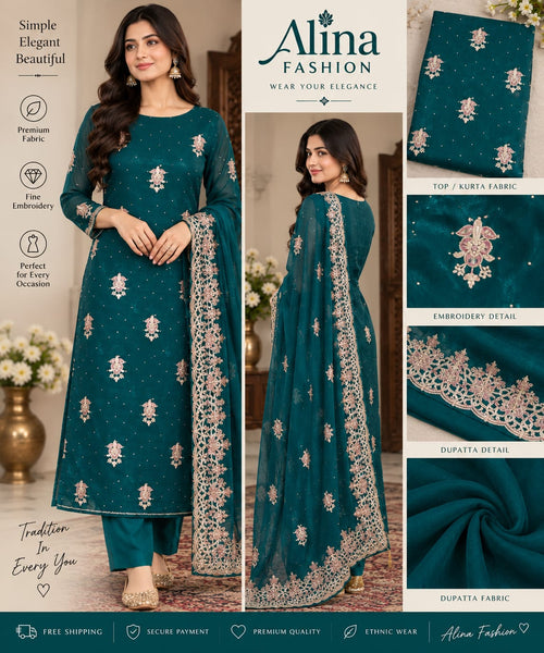 Teal Green Embroidered Salwar Suit Set with Dupatta
