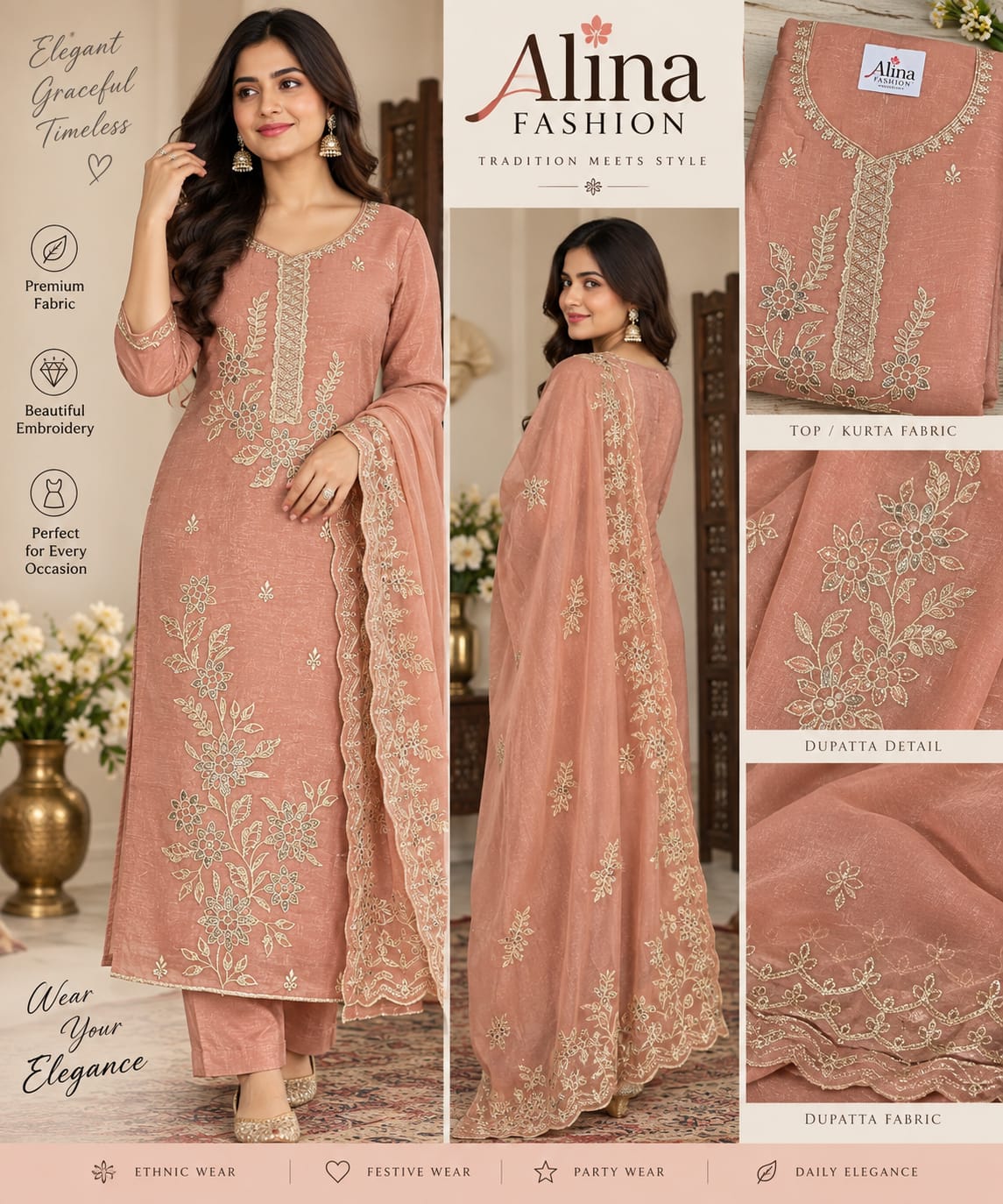 ExAlina Fashion Peach Embroidered 3-Piece Suit Set with Dupattaample product