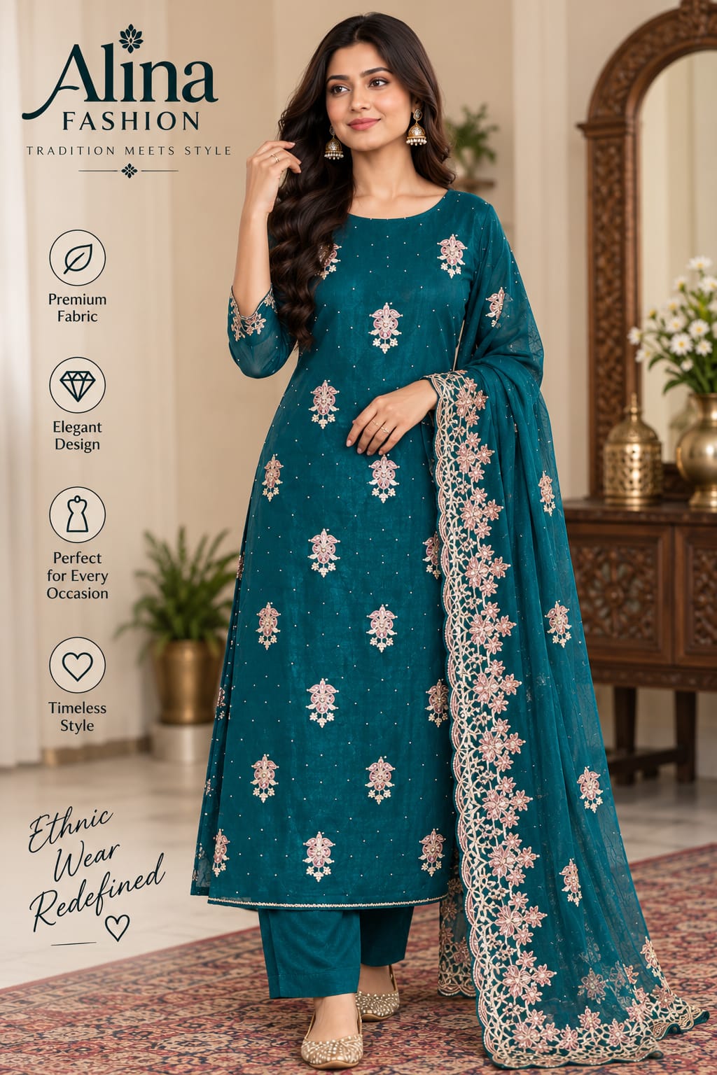 Teal Green Embroidered Salwar Suit Set with Dupatta