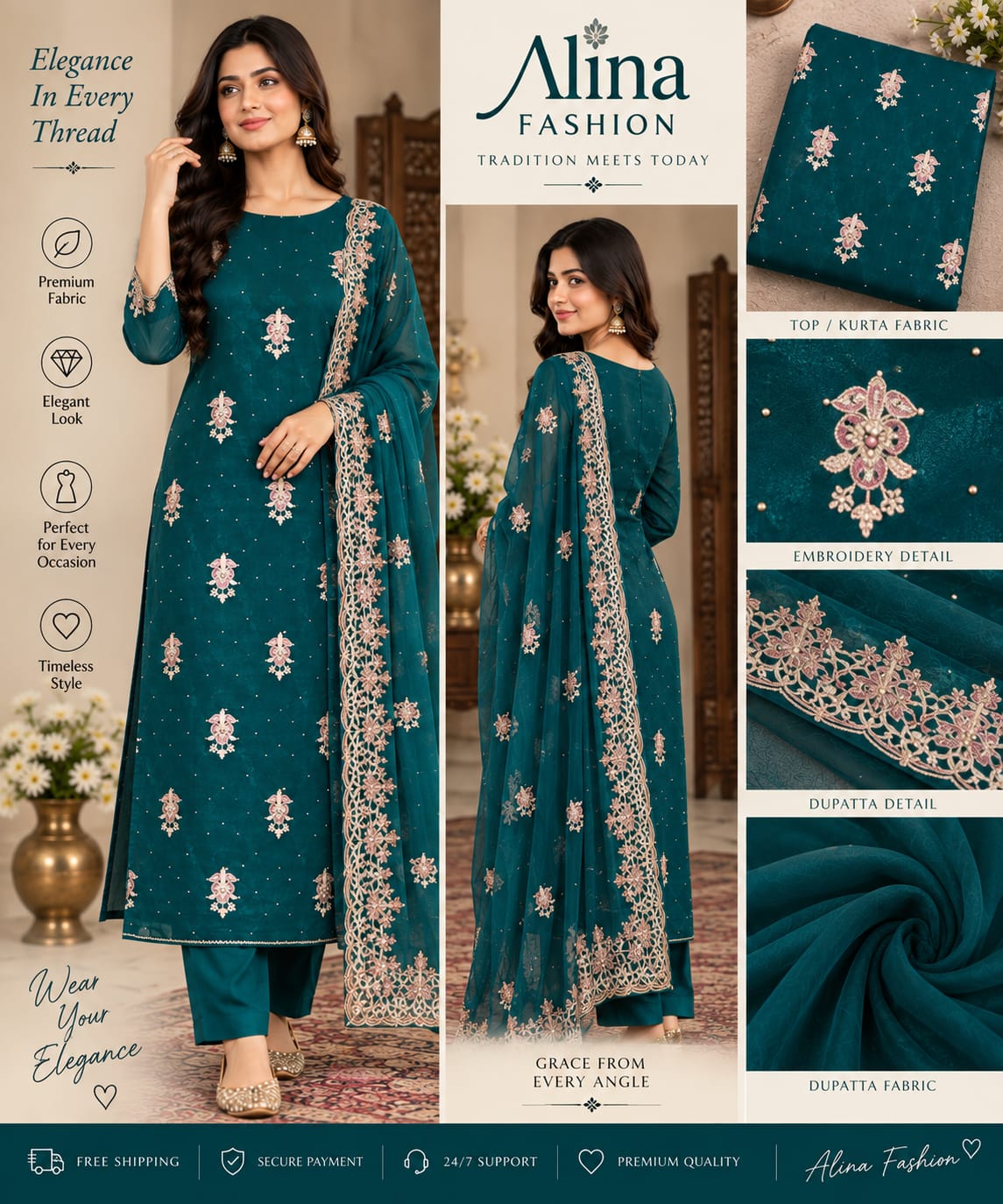 Teal Green Embroidered Salwar Suit Set with Dupatta